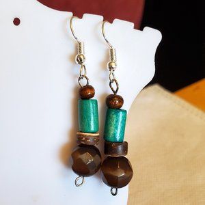 Silver Tone Hook Wood and Tiger's Eye Earrings NWT